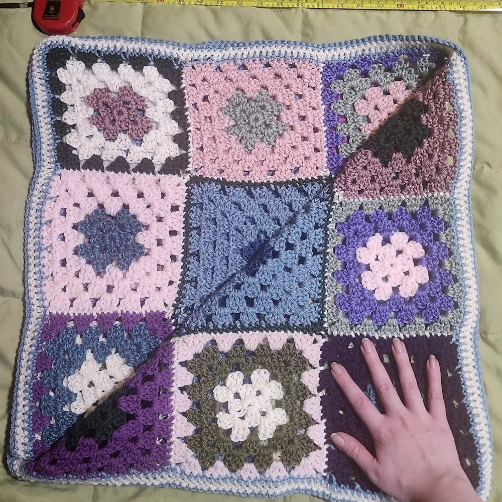 Homemade Purple, Pink, Sage Green 42" By 42" Crochet Blanket - Picture 3 of 6